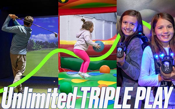 collage of images of different people, adult through children, enjoying the attractions at Arena Sports Issaquah