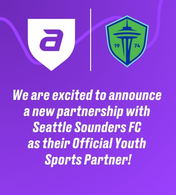 Graphic image announcing partnership with Seattle Sounders as the new Youth Sports Sponsor