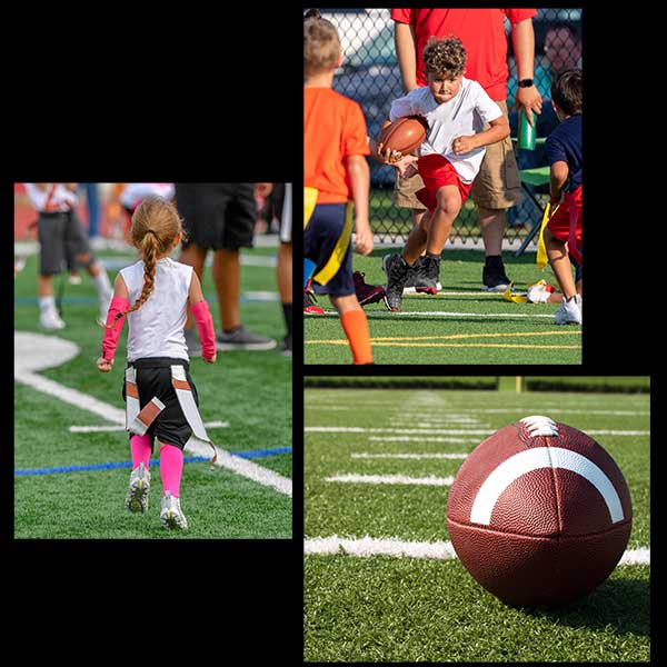 Collage of kids playing flag football